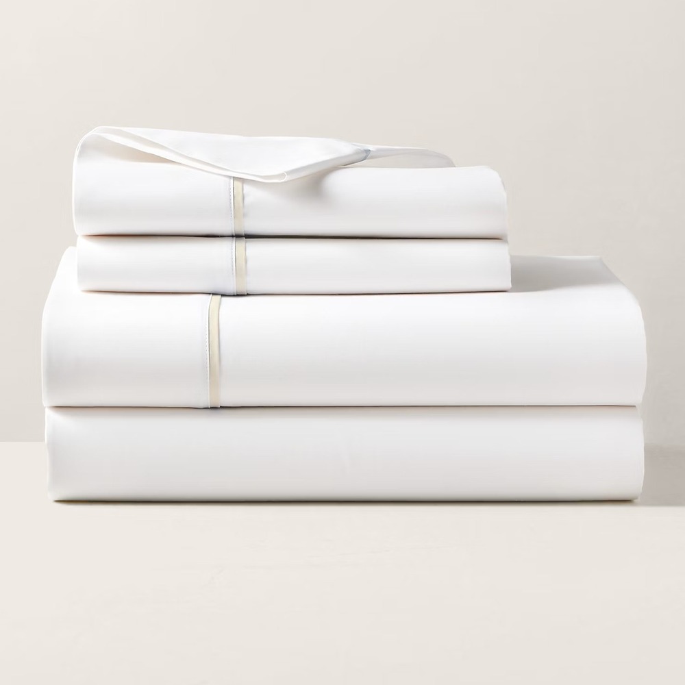 Ralph Lauren Palmer Percale‎ Full Flat Sheet Sand Dune Trim Organic Cotton NEW